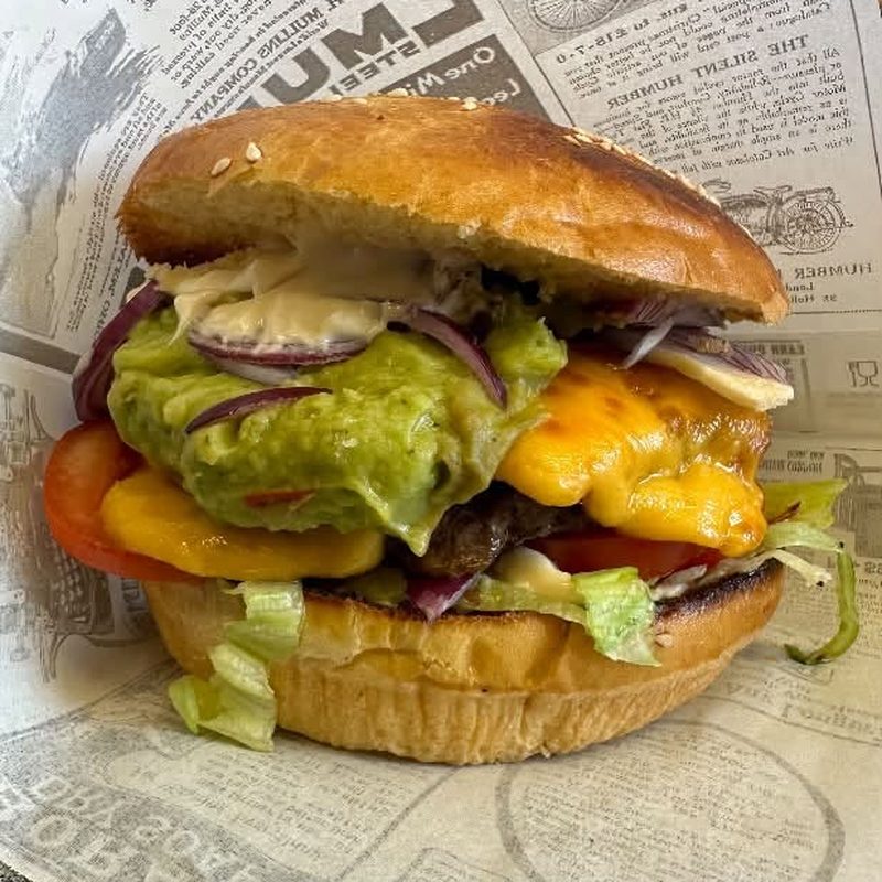 Burger cheddar fondu, guacamole, oignons rouges et salade