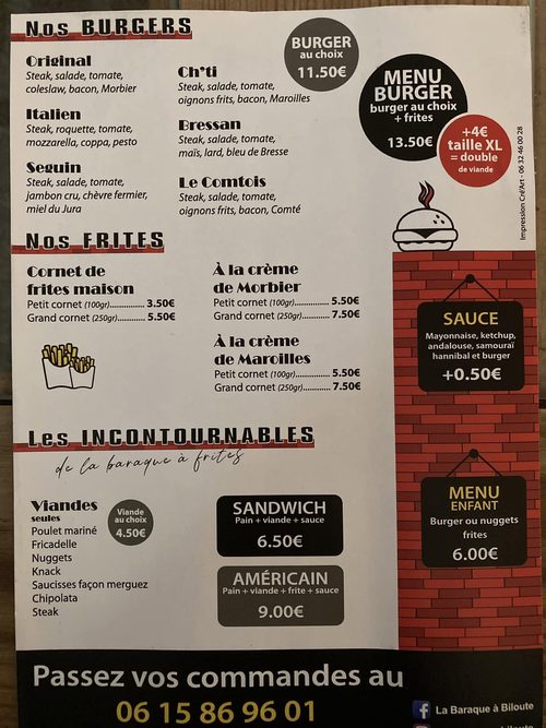 Le flyer de La Baraque à Biloute : burgers, frites et incontournables